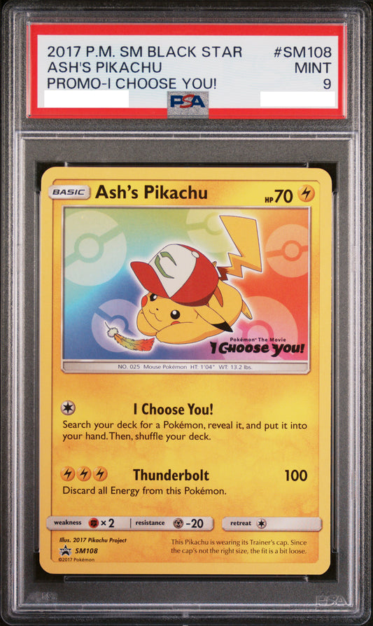 PSA 9 MINT Ash's Pikachu - SM Promo Non-Holo SM108