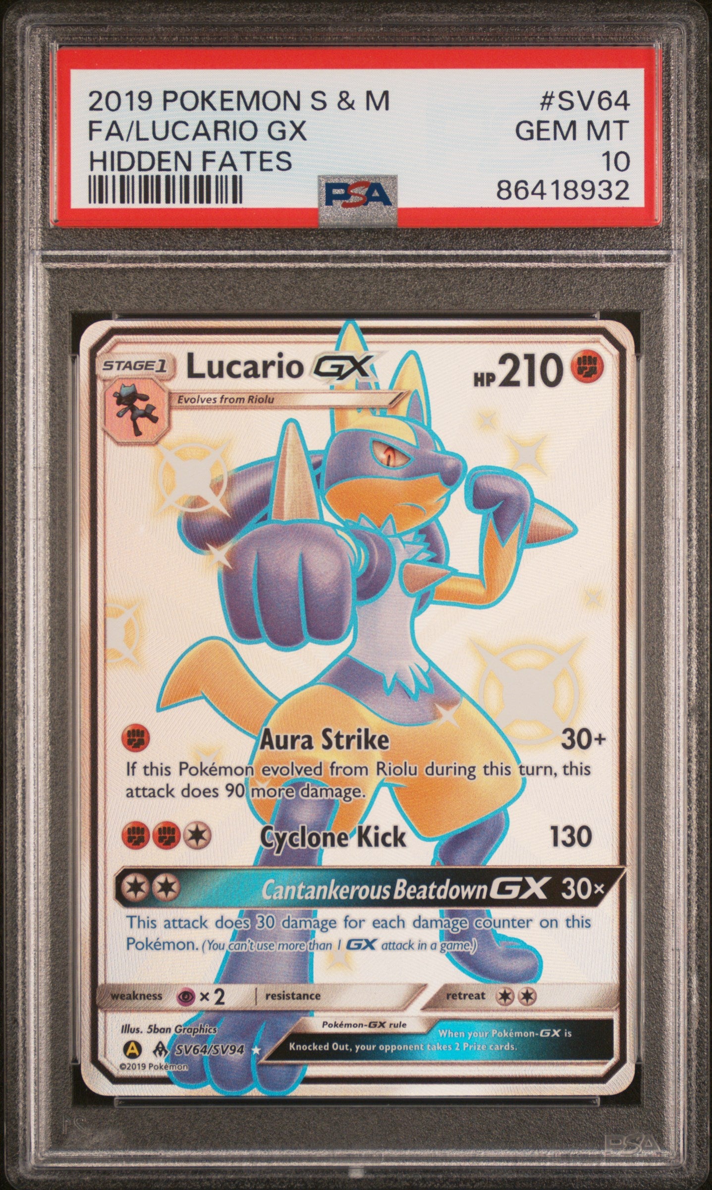 PSA 10 GEM MT Lucario GX - Hidden Fates Full Art Holo SV64/SV94