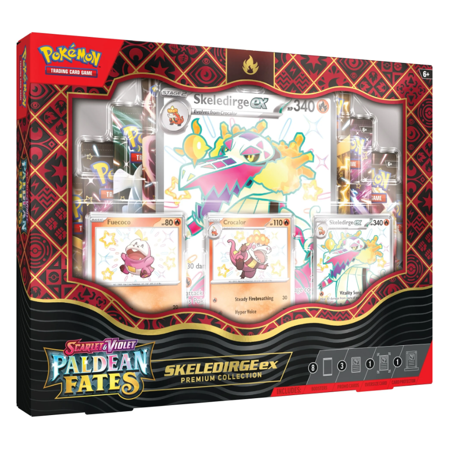 Paldea Fates Premium Collection featuring Shiny Meowscarada ex, Shiny Quaquaval ex or Shiny Skeledirge ex