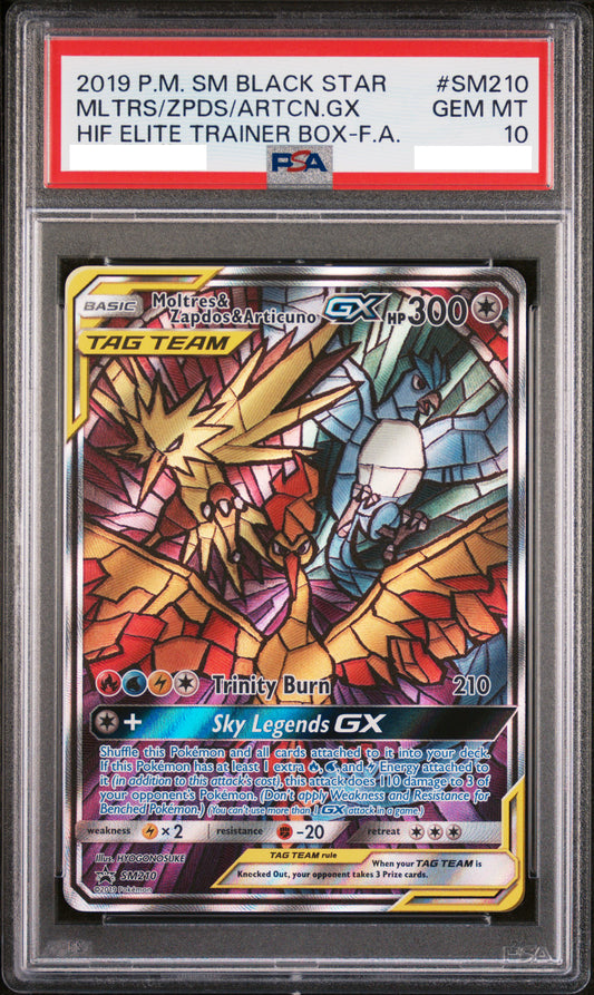 PSA 10 GEM MT Moltres & Zapdos & Articuno GX  - SM Promo 'Stained Glass' Full Art Holo SM210