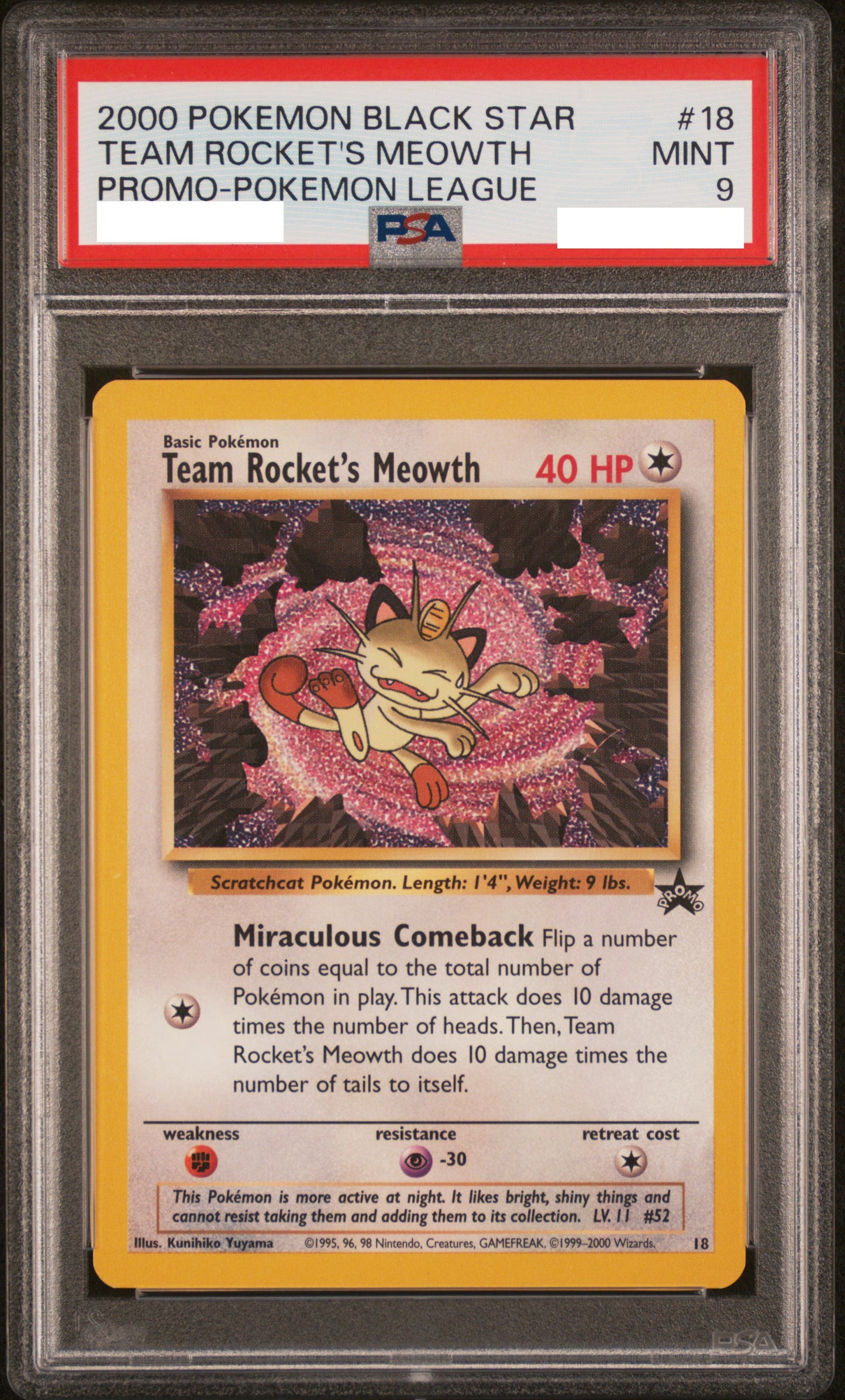 PSA 9 MINT Team Rocket's Meowth - WotC Black Star Promo #18