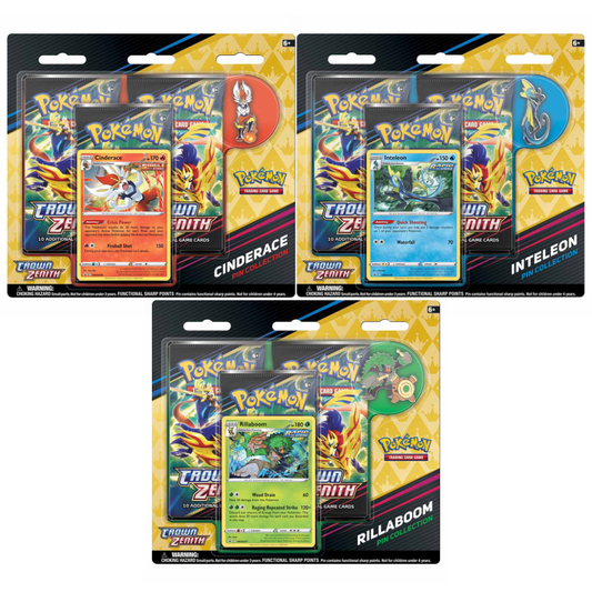 Crown Zenith Pin Collection featuring Cinderace, Inteleon or Rillaboom