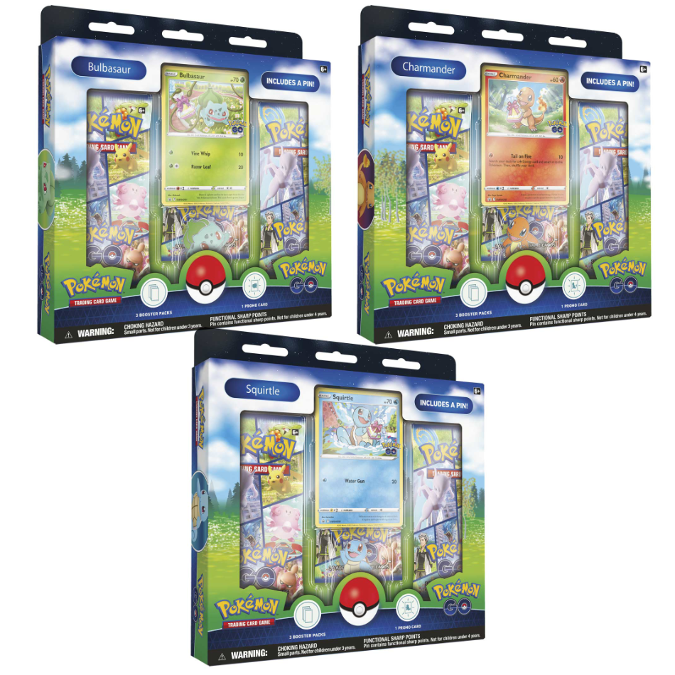 Pokemon Go Pin Collection featuring Bulbasaur, Charmander or Squirtle