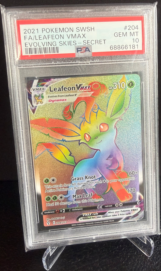 PSA 10 GEM MT Leafeon VMAX - Evolving Skies Secret Rainbow 204/203