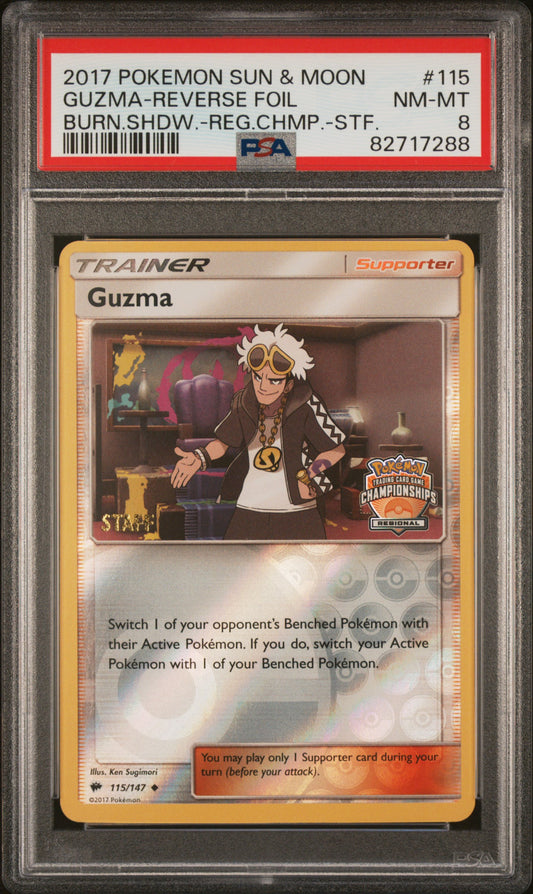 PSA 8 NM-MT Guzma - Burning Shadows Regionals Staff Reverse Holo Promo 115/147