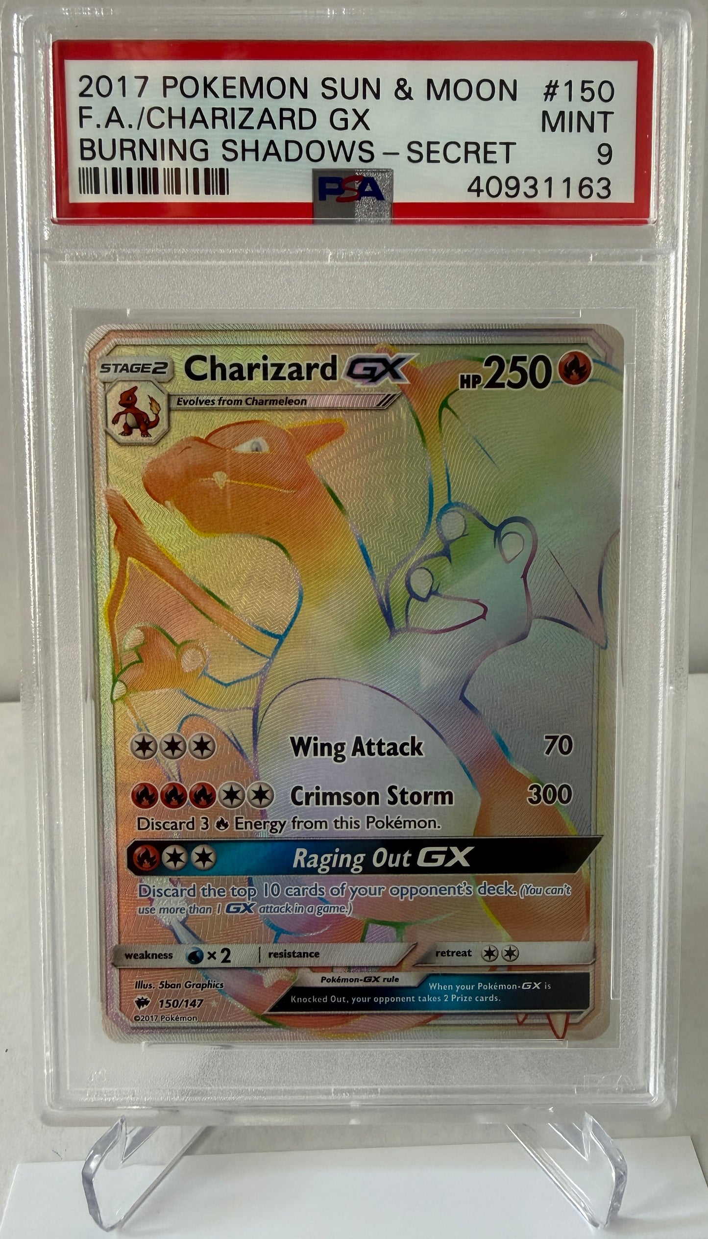 PSA 9 MINT Charizard GX - Burning Shadows Secret Rainbow 150/147