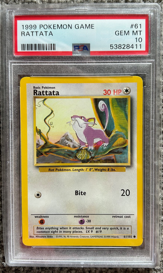 PSA 10 GEM MT Rattata - Base Set Common 61/102