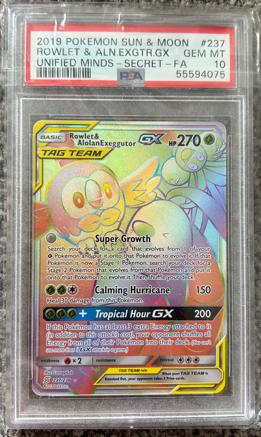 PSA 10 GEM MT Rowlet & Alolan Exeggutor GX - Unified Minds Secret Rainbow 237/236