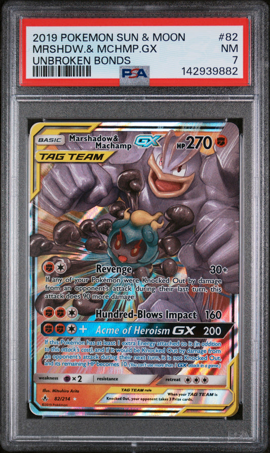 PSA 7 NM Marshadow & Machamp GX - Unbroken Bonds Ultra Rare 82/214