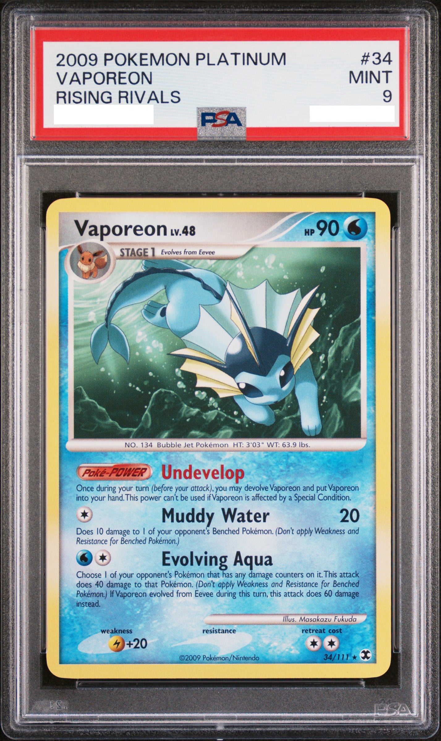 PSA 9 MINT Vaporeon - Rising Rivals Non-Holo Rare 34/111