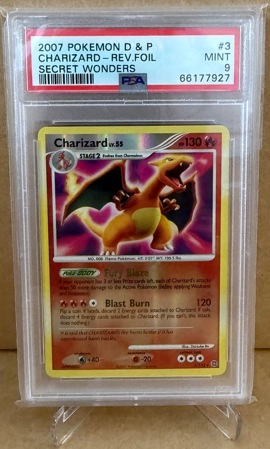 PSA 9 MINT Charizard - D&P: Secret Wonders 3/132 Reverse Holo