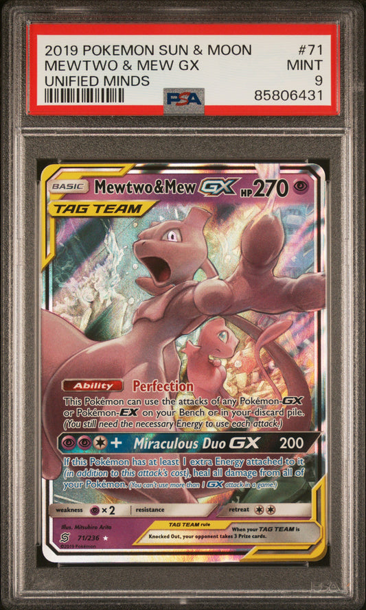 PSA 9 MINT Mewtwo & Mew GX - Unified Minds Ultra Rare 71/236