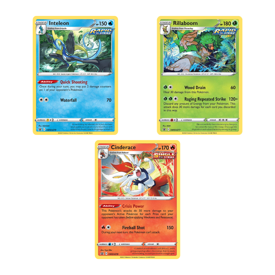 SWSH277-279 Rillaboom, Cinderace & Inteleon Holo Promos (Meowth Club) – The  Game Tree NZ