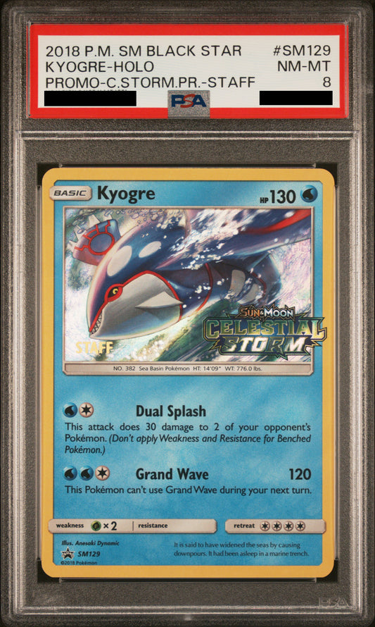 PSA 8 NM-MT Kyogre - Celestial Storm Staff Stamped Promo Holo SM129