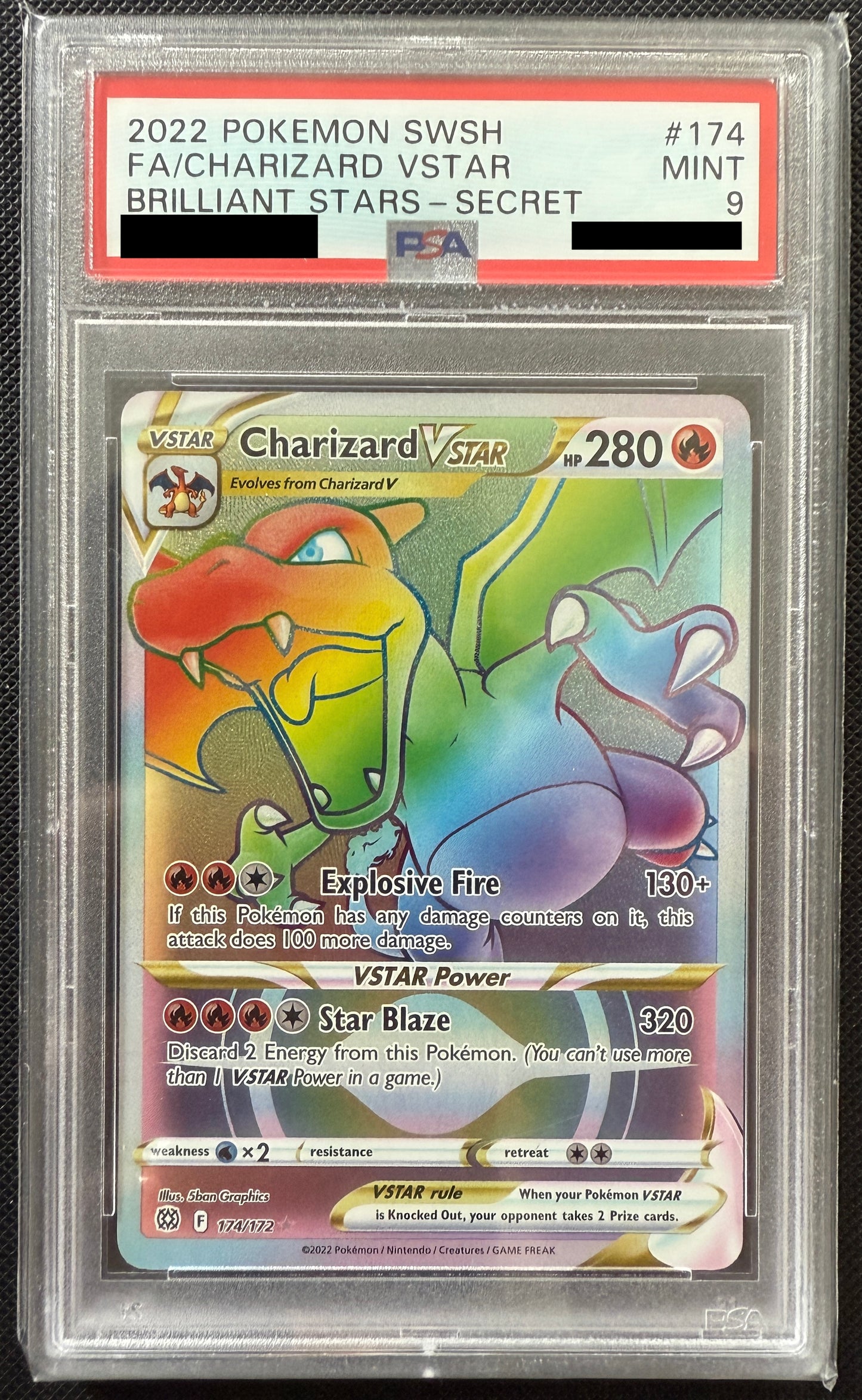 PSA 9 MINT Charizard VSTAR - Brilliant Stars - Secret Rainbow Rare 174/172