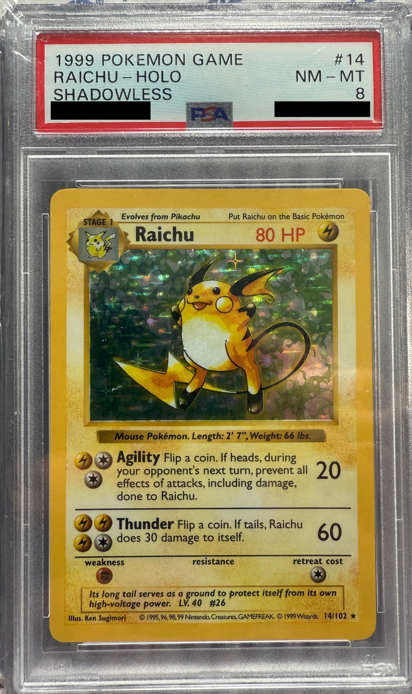 PSA 8 NM-MT Raichu *Shadowless* - Base Set Holo 14/102