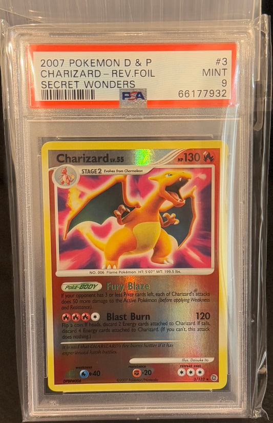 PSA 9 MINT Charizard - D&P: Secret Wonders 3/132 Reverse Holo