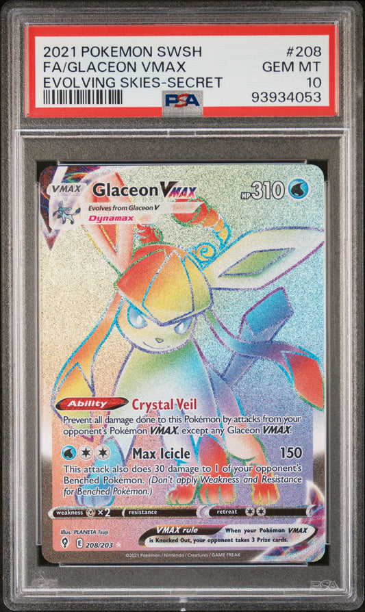 PSA 10 GEM MT Glaceon VMAX - Evolving Skies Secret Rainbow 208/203