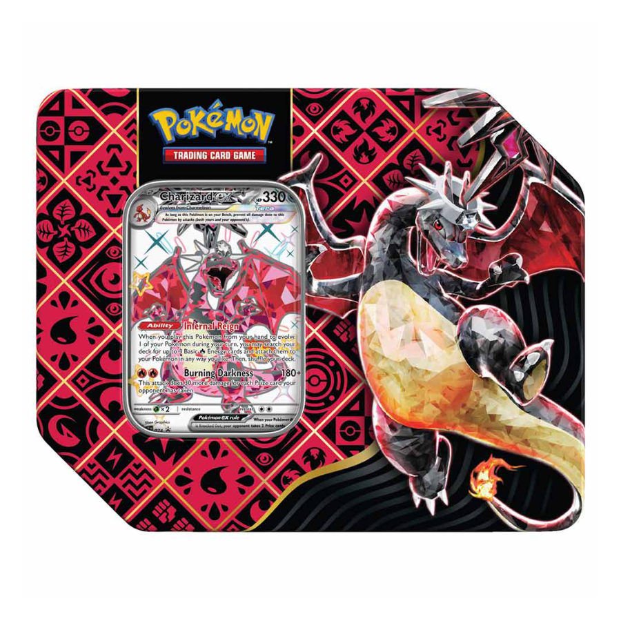 Paldean Fates Tins featuring Shiny Charizard ex, Shiny Great Tusk ex or Shiny Iron Treads ex