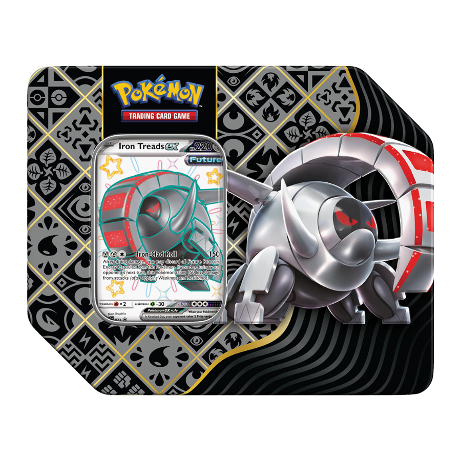 Paldean Fates Tins featuring Shiny Charizard ex, Shiny Great Tusk ex or Shiny Iron Treads ex