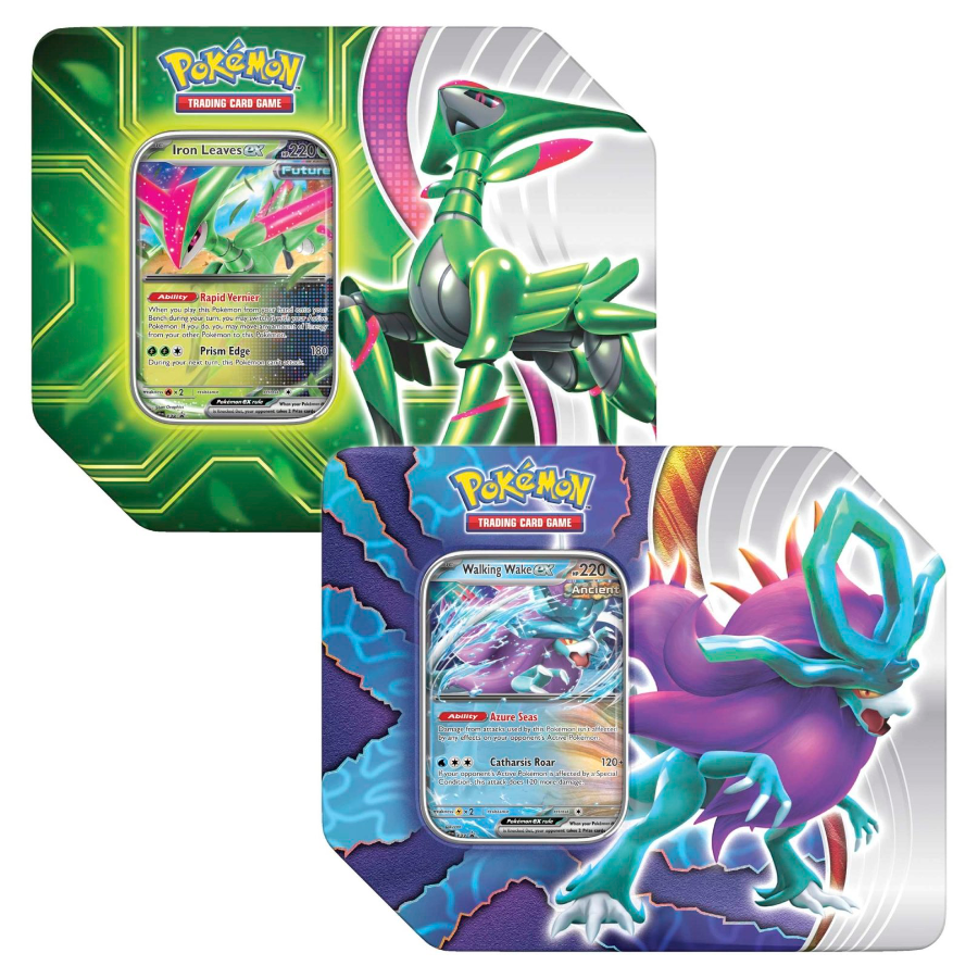 Paradox Clash Tins featuring Iron Leaves ex or Walking Wake ex