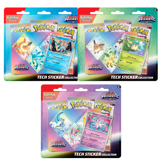 Prismatic Evolutions Tech Sticker Collection featuring Glaceon, Leafeon or Sylveon