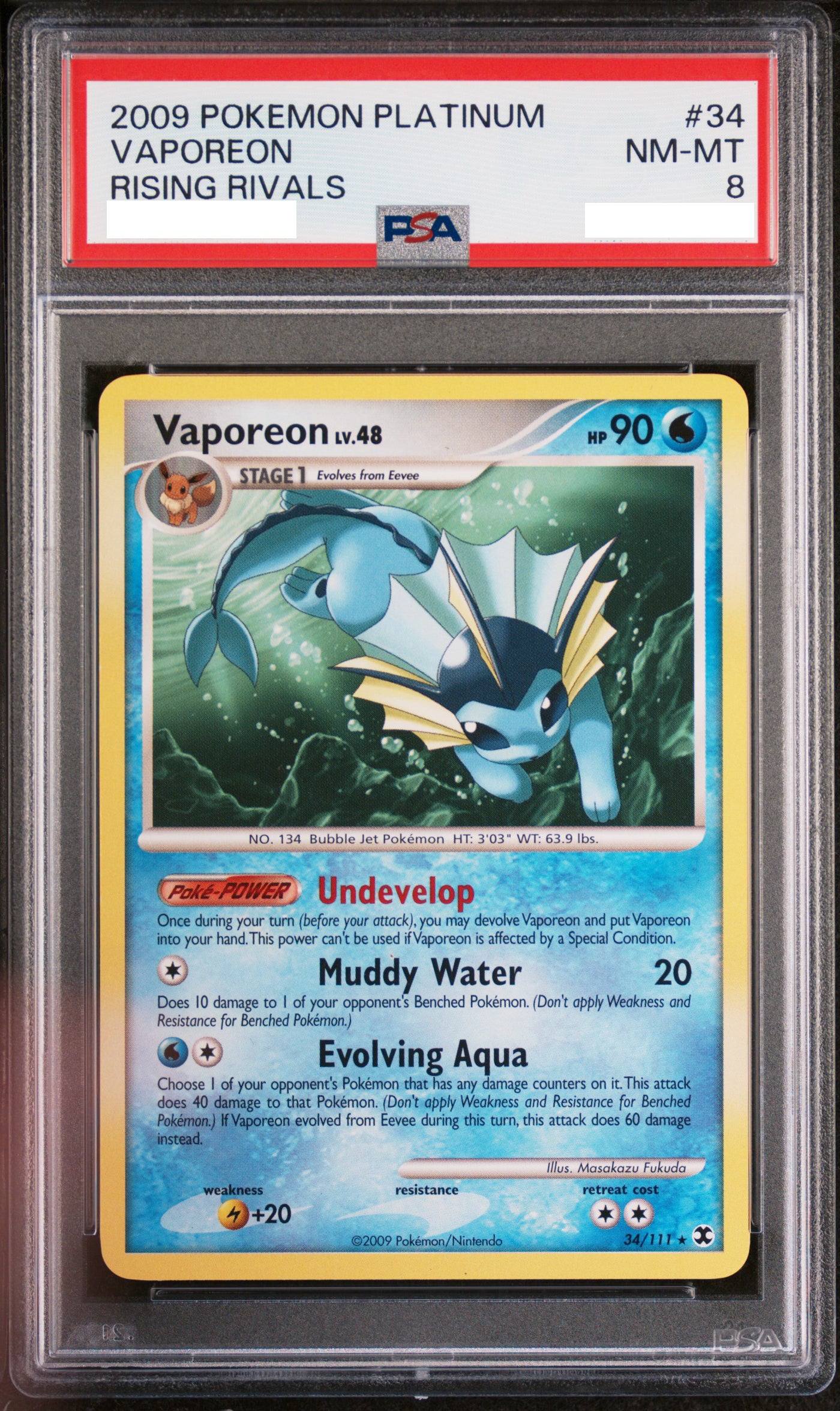 PSA 8 NM-MT Vaporeon - Rising Rivals Non-Holo Rare 34/111