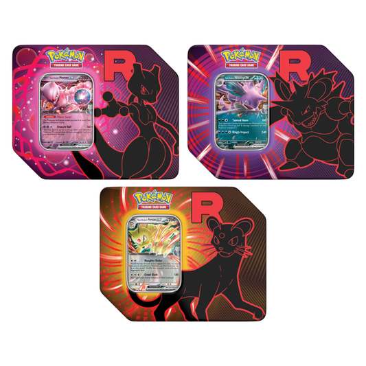 Team Rocket Tins featuring Team Rocket's Mewtwo ex, Nidoking ex or Persian ex