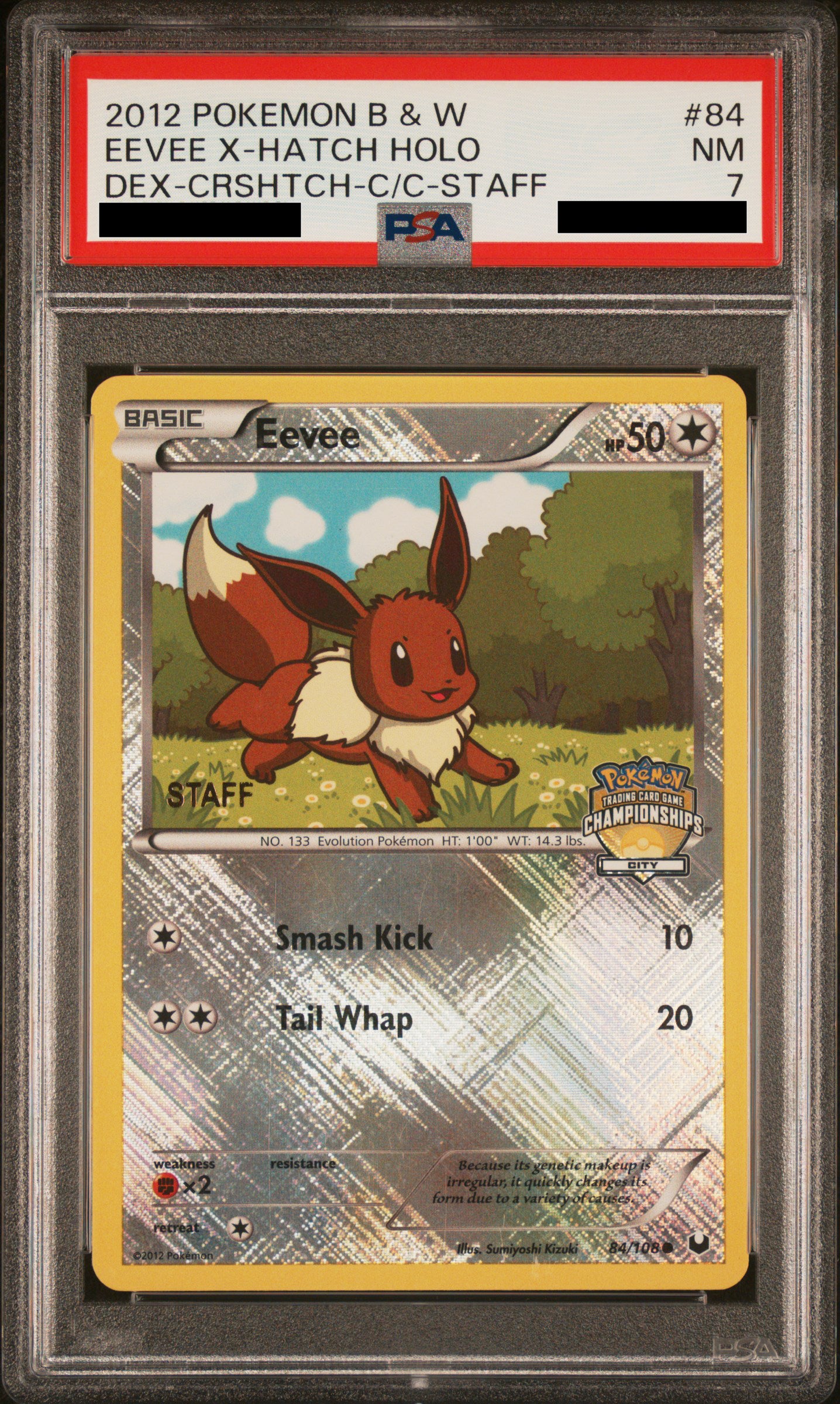 PSA 7 NM Eevee - Dark Explorers City Championships Staff Crosshatch Holo Promo 84/108