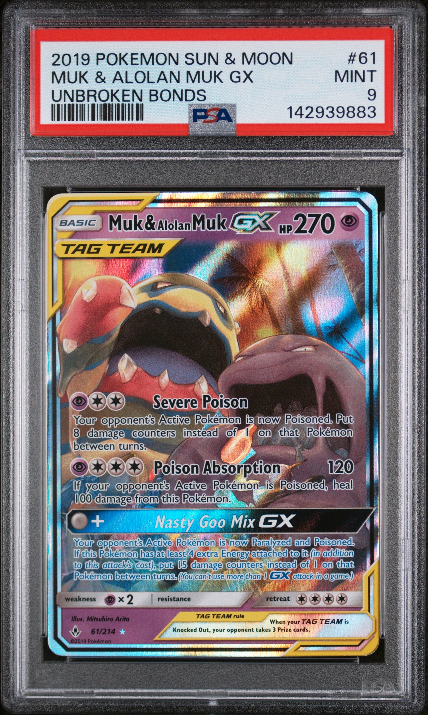 PSA 9 MINT Muk & Alolan Muk GX - Unbroken Bonds Ultra Rare 61/214
