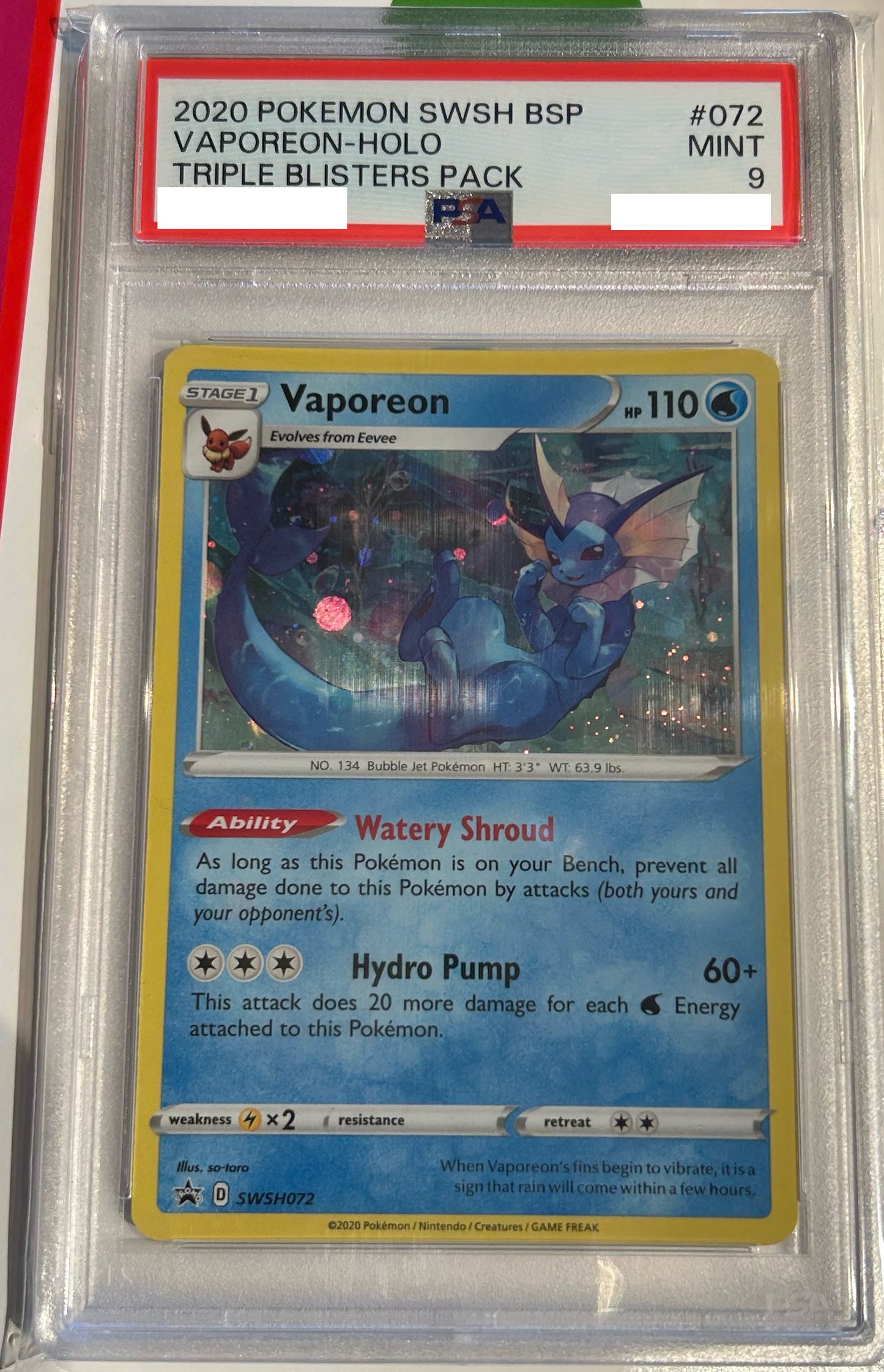 PSA 9 MINT Vaporeon - SWSH Promo Holo SWSH072