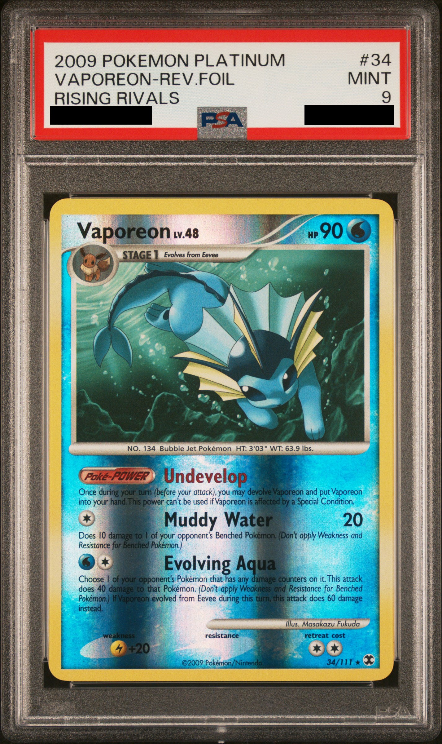 PSA 9 MINT Vaporeon - Rising Rivals Reverse Holo 34/111