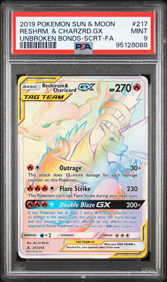 PSA 9 MINT Reshiram & Charizard GX - Unbroken Bonds Secret Hyper Rare 217/214