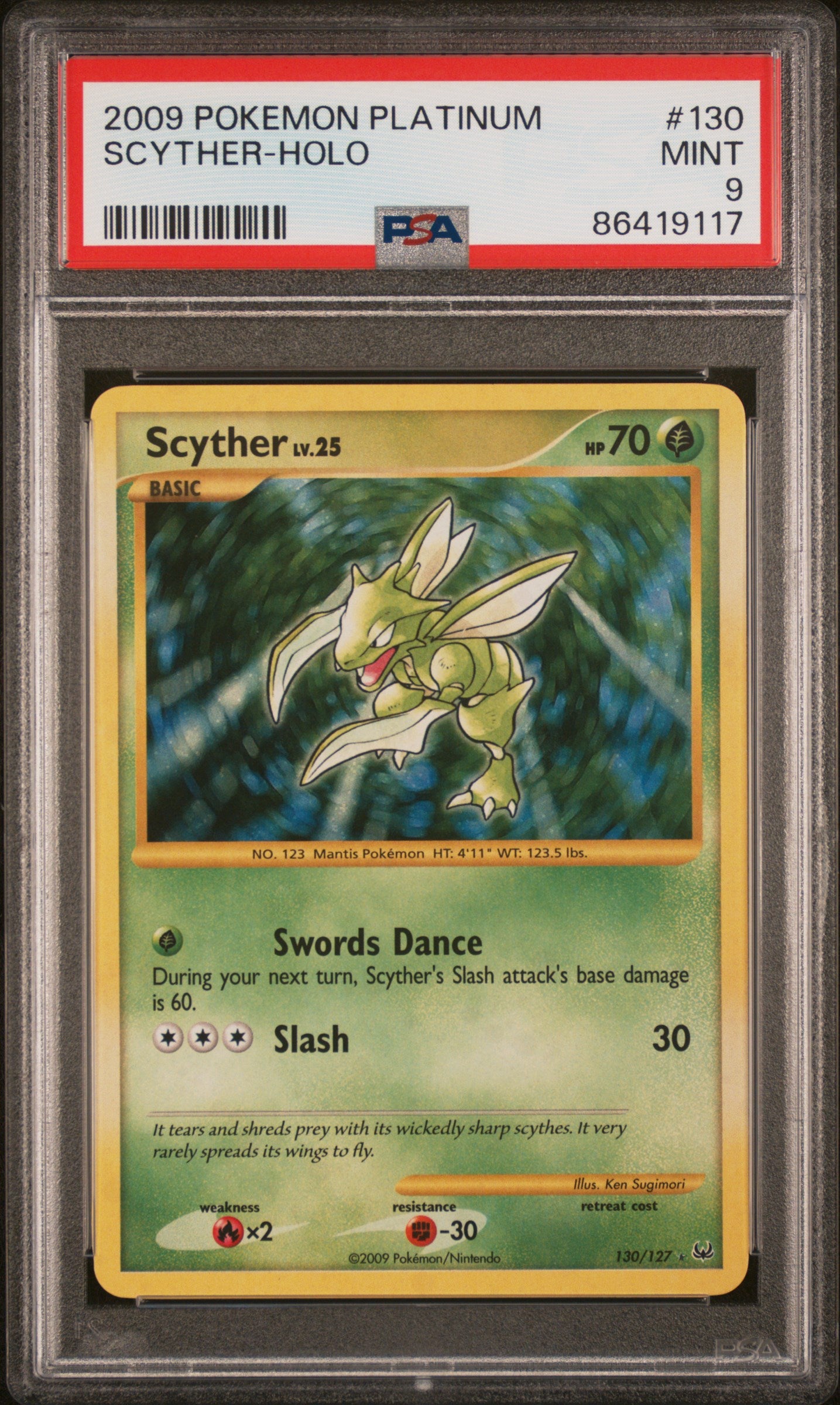 PSA 9 MINT Scyther - Platinum Secret Holo 130/127