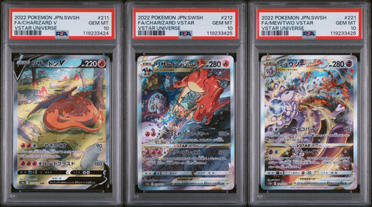 **Sequential Slabs!** PSA 10 Charizard V 211/172 & Charizard VSTAR 212/172 & Mewtwo VSTAR 221/172 SARs s12a *Japanese*