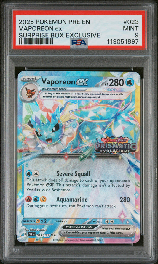 PSA 9 MINT Vaporeon ex - Prismatic Evolutions Stamped 023/131