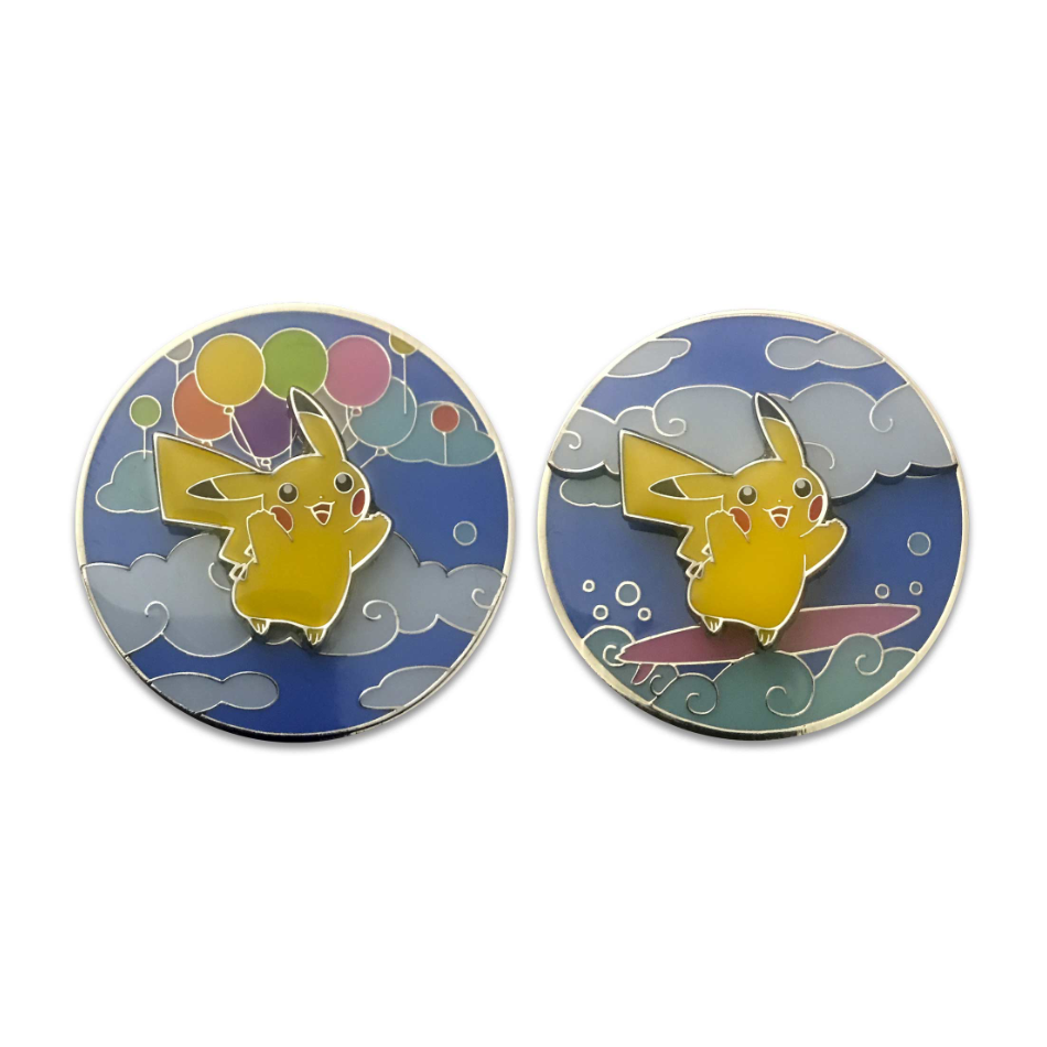 Flying & Surfing Pikachu Enamel Pin (Meowth Club)