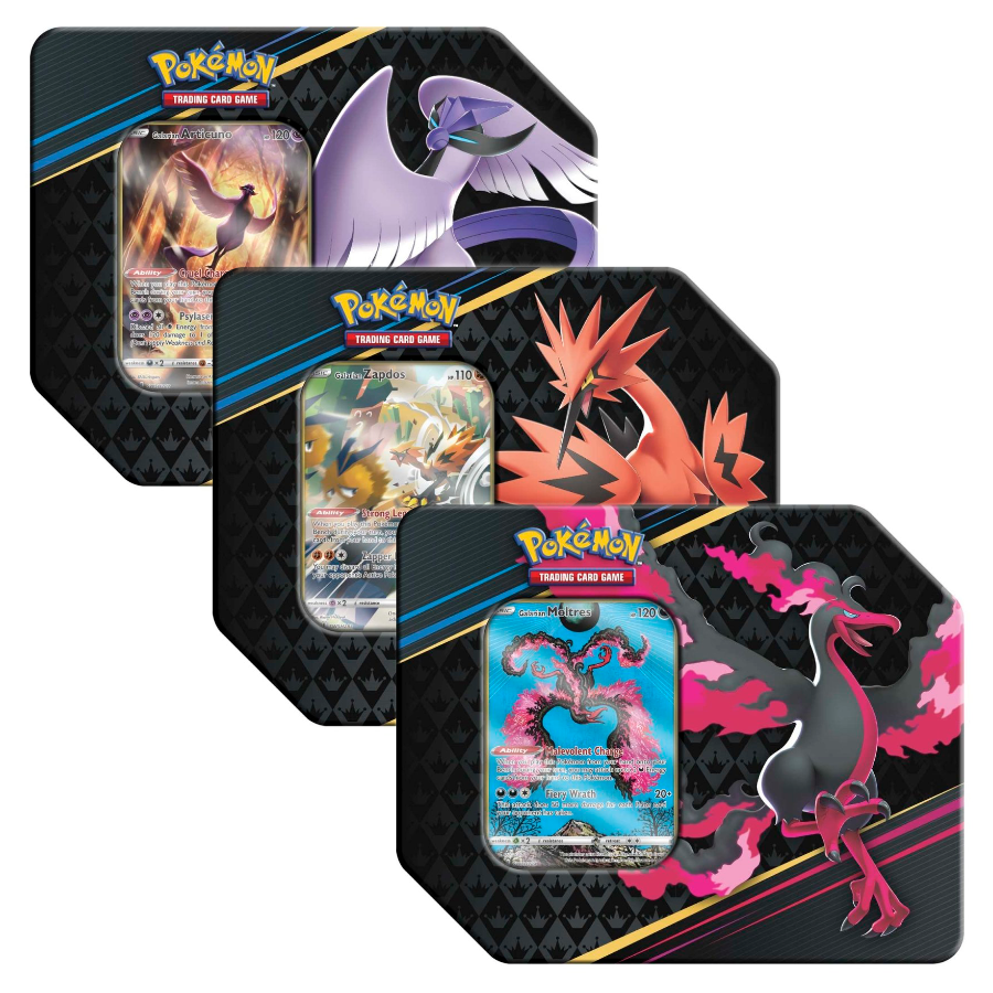 Crown Zenith Tins featuring Galarian Articuno, Galarian Zapdos or Galarian Moltres