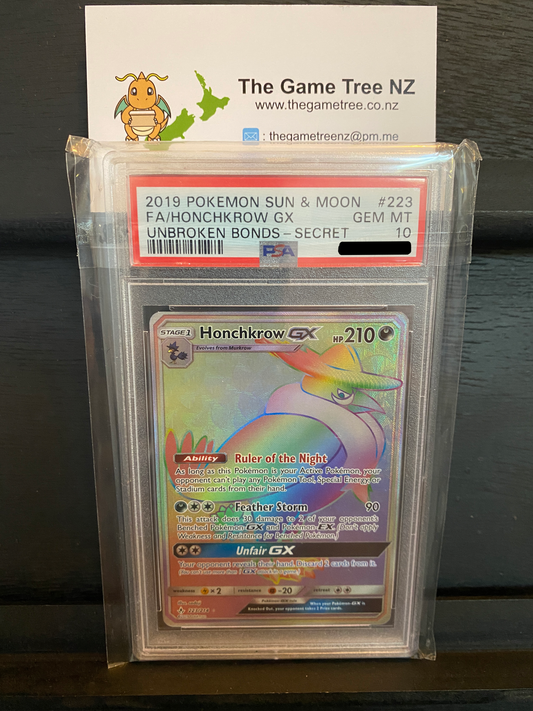 PSA 10 GEM MT Honchkrow GX - Unbroken Bonds Secret Rainbow 223/214
