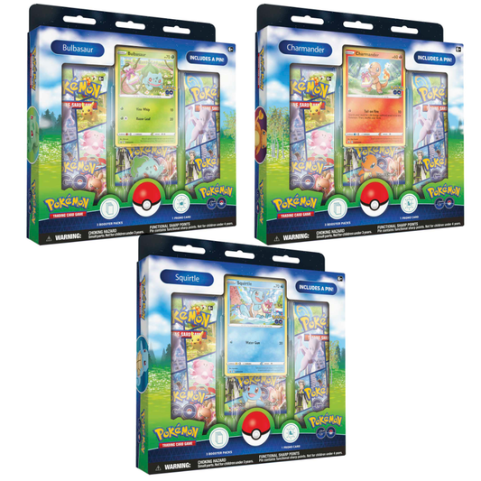 Pokemon Go Pin Collection featuring Bulbasaur, Charmander or Squirtle