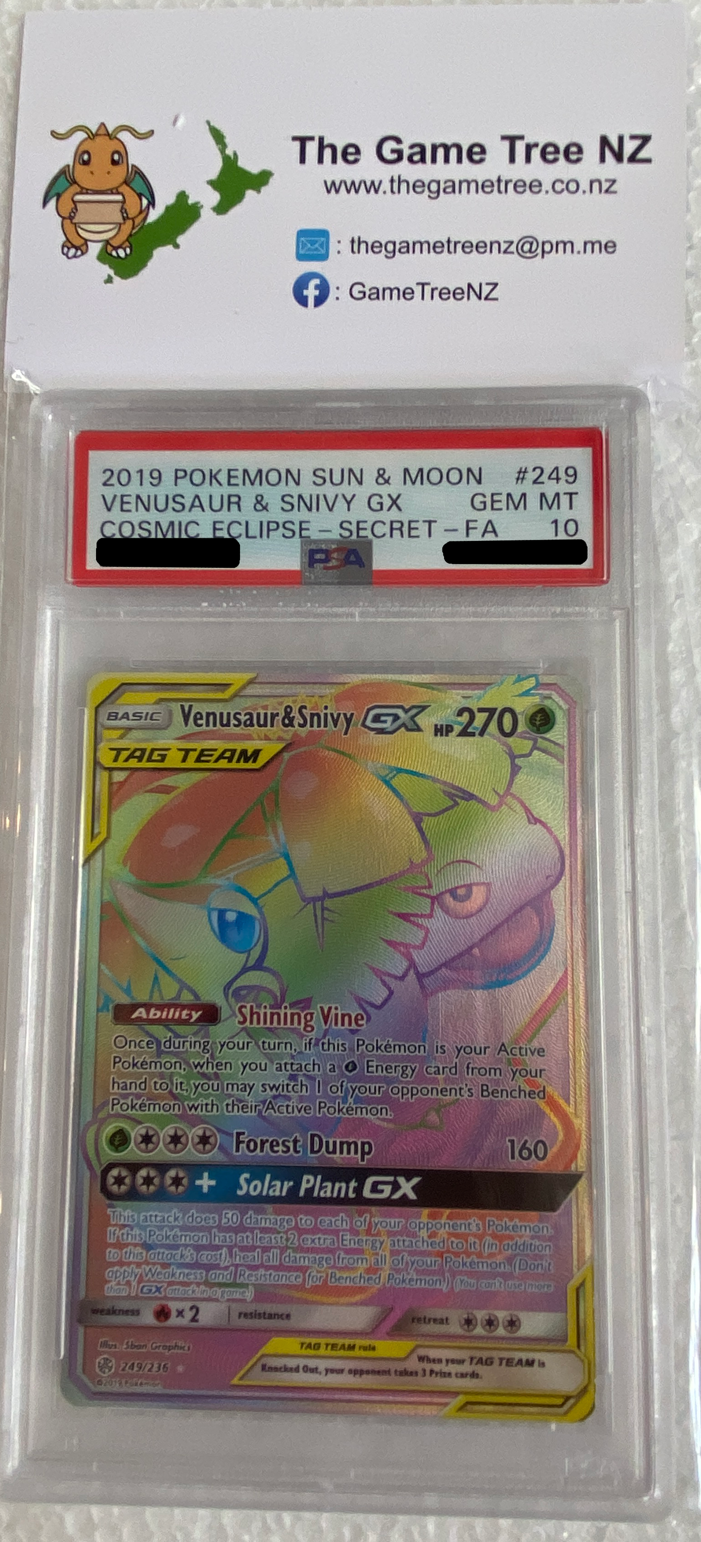 PSA 10 GEM MT Venusaur & Snivy GX - Cosmic Eclipse Secret Rainbow 249/236